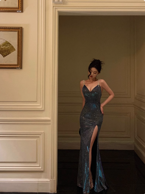 Robe de soirée élégante et glamour, à bretelles spaghetti, bleu, à paillettes, fendue, robe de bal, robe de soirée élégante, DP1460