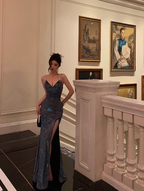 Robe de soirée élégante et glamour, à bretelles spaghetti, bleu, à paillettes, fendue, robe de bal, robe de soirée élégante, DP1460