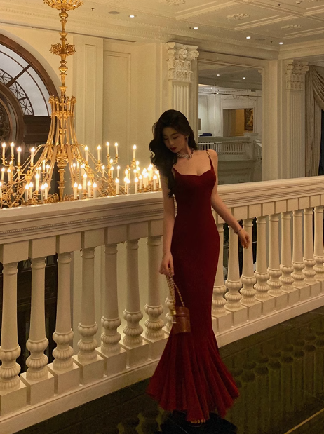 Elegant Mermaid Spaghetti Straps Red Sleeveless 23rd Birthday Dress Party Gown Birthday Outfits Birthday Dress Ideas For Women DP1464