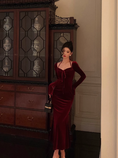 Elegant Mermaid Square Long Sleeves Burgundy 23rd Birthday Dress Party Gown Birthday Outfits Birthday Dress Ideas For Women DP1471