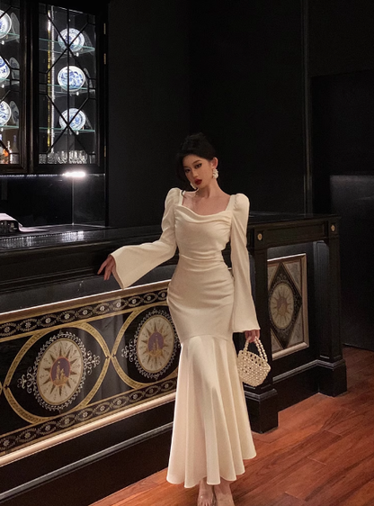 Modest Mermaid Long Sleeves White Satin 21st Birthday Dress Party Gown Birthday Outfits Birthday Dress Ideas For Women DP1472