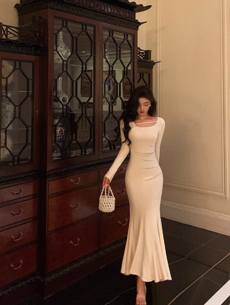 Sexy Mermaid Long Sleeves White Satin 21st Birthday Dress Party Gown Birthday Outfits Birthday Dress Ideas For Women DP1474