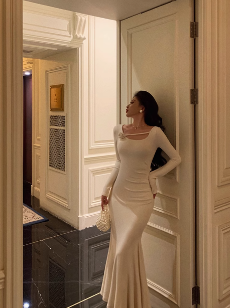 Sexy Mermaid Long Sleeves White Satin 21st Birthday Dress Party Gown Birthday Outfits Birthday Dress Ideas For Women DP1474