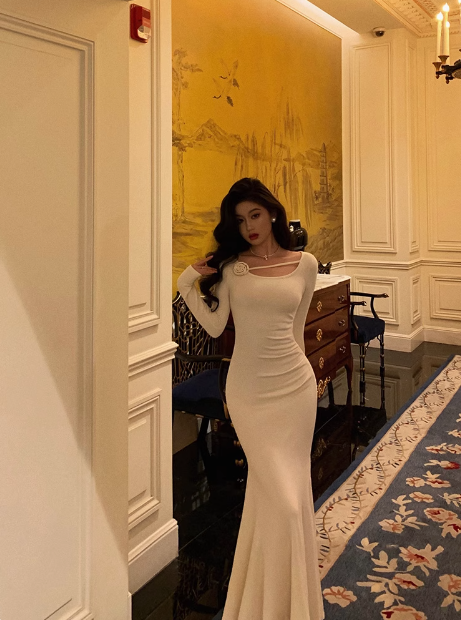 Sexy Mermaid Long Sleeves White Satin 21st Birthday Dress Party Gown Birthday Outfits Birthday Dress Ideas For Women DP1474