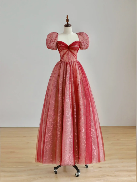 Elegant Glamour Ball Gown Sweetheart Short Sleeves Tulle Red Prom Dress Party Dress Evening Dresses DP1504