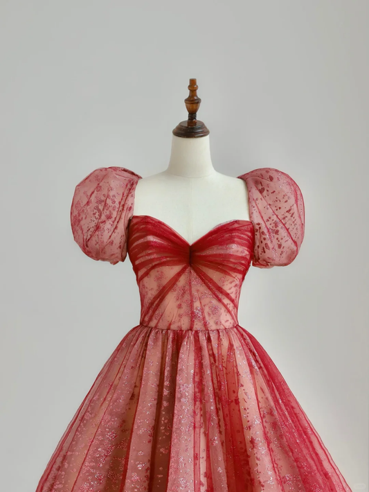 Elegant Glamour Ball Gown Sweetheart Short Sleeves Tulle Red Prom Dress Party Dress Evening Dresses DP1504