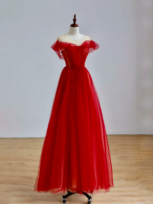 Elegant Glamour Ball Gown Off The Shoulder Short Sleeves Tulle Red Prom Dress Party Dress Evening Dresses DP1505