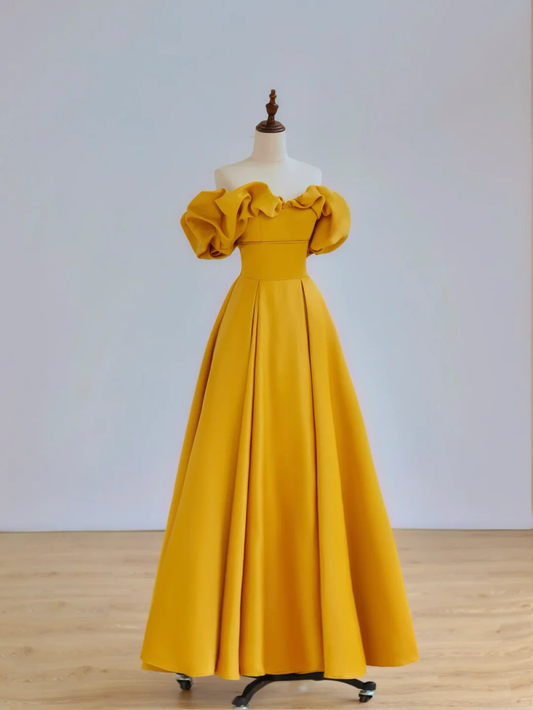Elegant Glamour Ball Gown Off The Shoulder Short Sleeves Satin Yellow Prom Dress Party Dress Evening Dresses DP1506