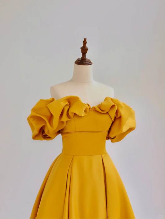 Elegant Glamour Ball Gown Off The Shoulder Short Sleeves Satin Yellow Prom Dress Party Dress Evening Dresses DP1506