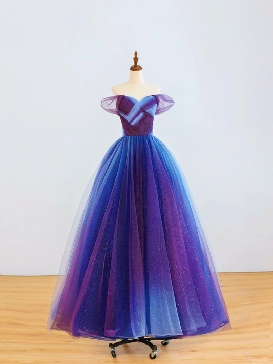 Elegant Glamour Ball Gown Off The Shoulder Grape Tulle Prom Dress Party Dress Long Evening Dresses DP1507