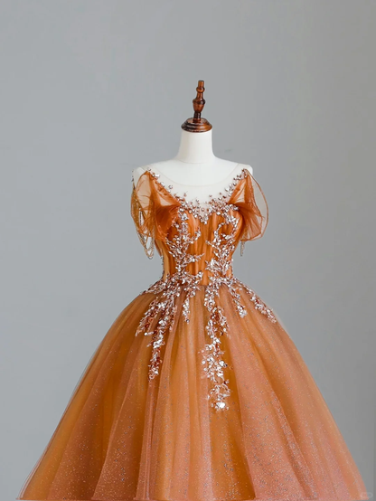Elegant Glamour Ball Gown Strapless Orange Tulle Long Prom Dresses Party Dress Evening Dress DP1531