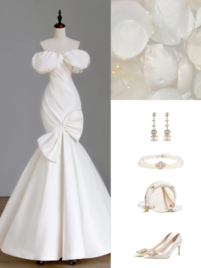 Simple Bridal Gown Mermaid Off The Shoulder Satin White Wedding Dresses Minimalist Bridal Gowns DP1533