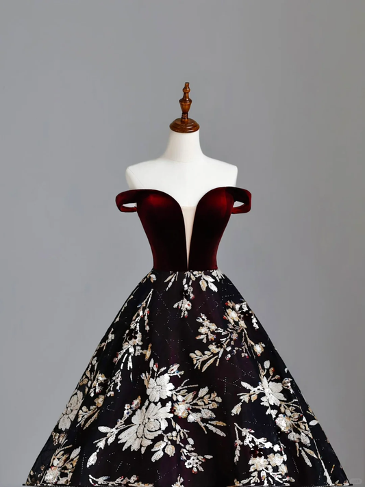 Elegant Glamour Ball Gown Off The Shoulder Burgundy Satin Prom Dress Party Dress Long Evening Dresses DP1535