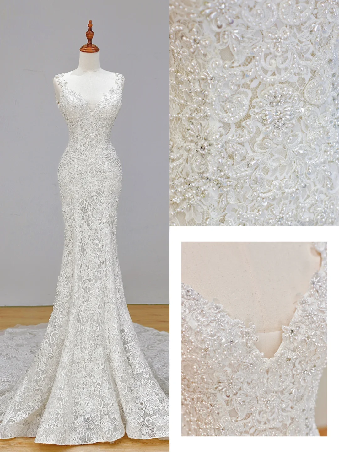 Romantisches Brautkleid Meerjungfrau V-Ausschnitt Spitze Weiße Brautkleider Minimalistische Brautkleider DP1569
