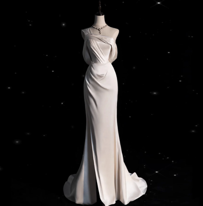 Classic Bridal Gown Mermaid One Shoulder Satin White Wedding Dresses Minimalist Bridal Gowns DP1658