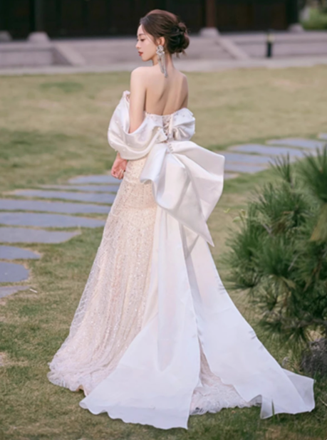 Classic Bridal Gown Mermaid Off The Shoulder Sequin White Wedding Dresses Minimalist Bridal Gowns DP1660