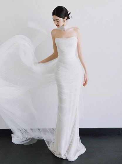 Romantic Bridal Gown Mermaid Strapless Tulle White Wedding Dresses Minimalist Bridal Gowns DP1667