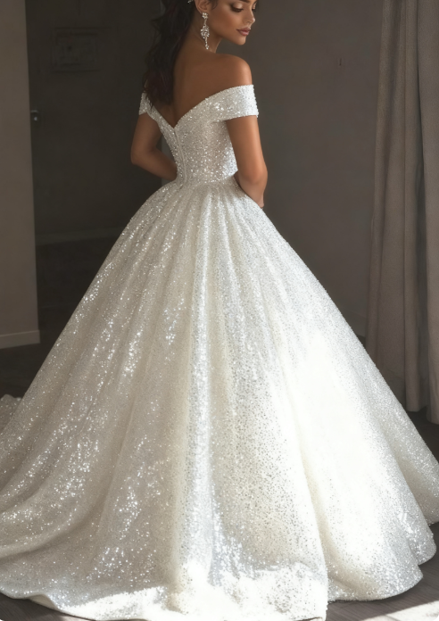 Ethereal Wedding Dress Ball Gown Off The Shoulder Sequin White Wedding Dresses Bridal Gowns DP1676