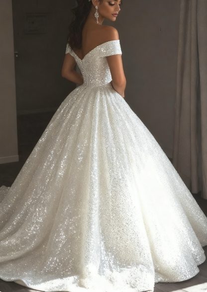 Ethereal Wedding Dress Ball Gown Off The Shoulder Sequin White Wedding Dresses Bridal Gowns DP1676