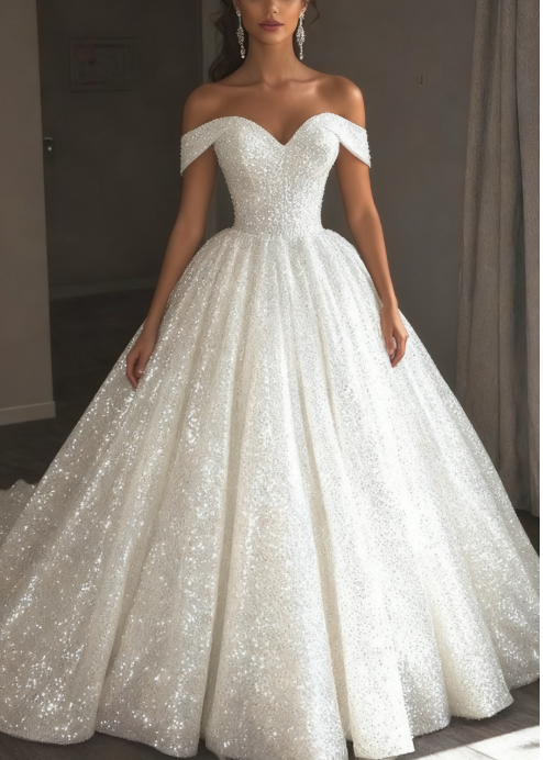 Ethereal Wedding Dress Ball Gown Off The Shoulder Sequin White Wedding Dresses Bridal Gowns DP1676
