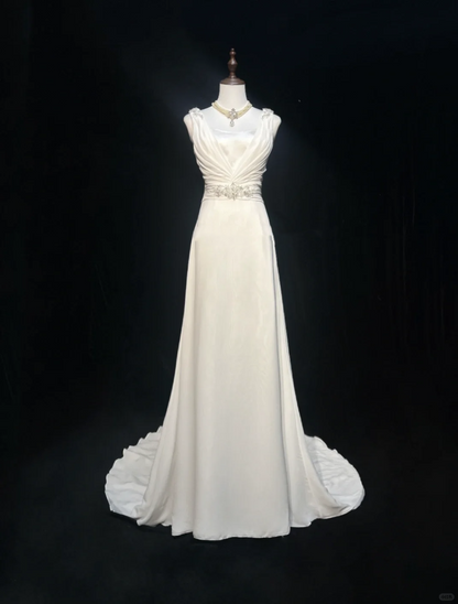 Classic Bridal Gown A line V Neck Chiffon Beads White Wedding Dresses Minimalist Bridal Gowns DP1687