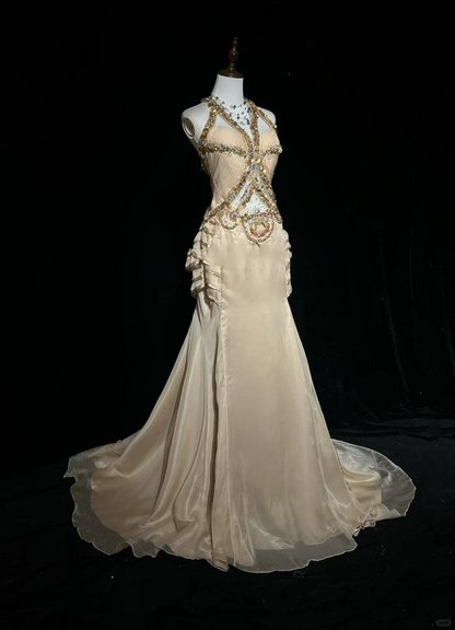 Vintage A Line Halter Chiffon Champagne Long Prom Dress Party Dress Evening Dresses DP1693