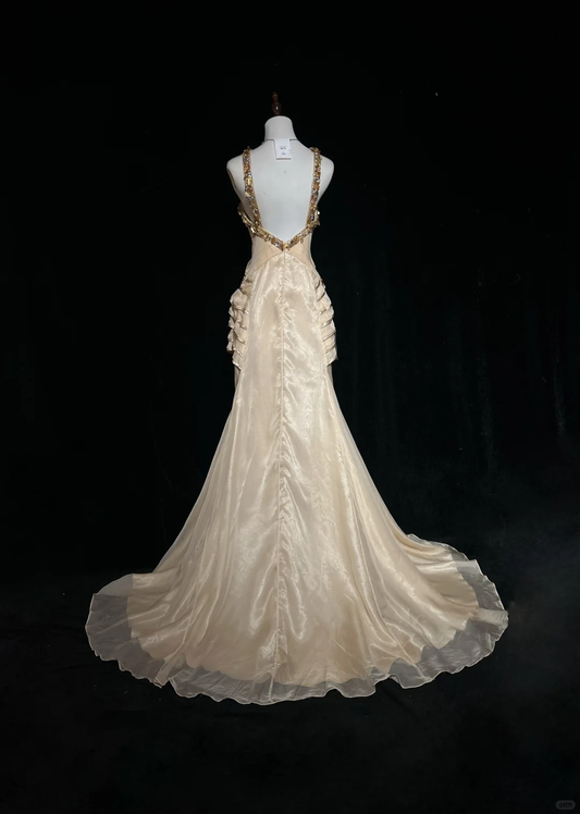 Vintage A Line Halter Chiffon Champagne Long Prom Dress Party Dress Evening Dresses DP1693