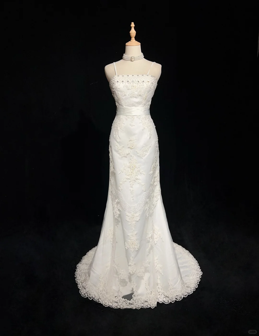 Classic Bridal Gown Mermaid Spaghetti Straps Satin White Wedding Dresses Minimalist Bridal Gowns DP1694