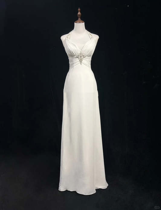 Classic Bridal Gown A line Halter Chiffon White Wedding Dresses Minimalist Bridal Gowns DP1696