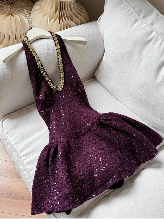 Cute A line Halter Grape Sequin Short Summer Birthday Dress Hoco Dress Mini Birthday Outfit 23rd Birthday Party Dresses DP1735