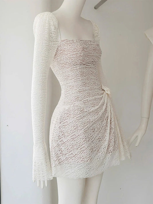 Cute A line Square Lace White Summer Homecoming Dress Hoco Dress Mini 20th Birthday Outfit Cocktail Dresses DP1750