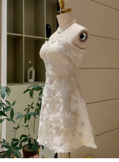 Simple A line Strapless White Short Lace Homecoming Dress Summer Hoco Dresses Cocktail Dress DP1751