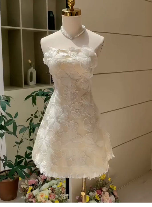 Simple A line Strapless White Short Lace Homecoming Dress Summer Hoco Dresses Cocktail Dress DP1751
