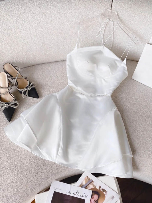 Cute A line Halter White Summer Homecoming Dress Hoco Dress Mini 16th Birthday Outfit Cocktail Dresses DP1756