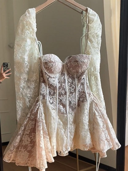 Simple A line Sweetheart Lace Short Long Sleeves Homecoming Dress Summer Hoco Dresses Cocktail Dress DP1777
