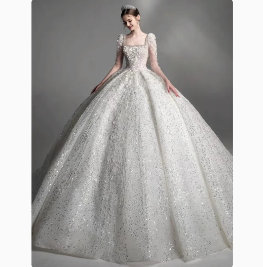 Hübsches Brautkleid Ballkleid Square Neck Lace Long Sleeves Weiße Brautkleider Brautkleider DP1800