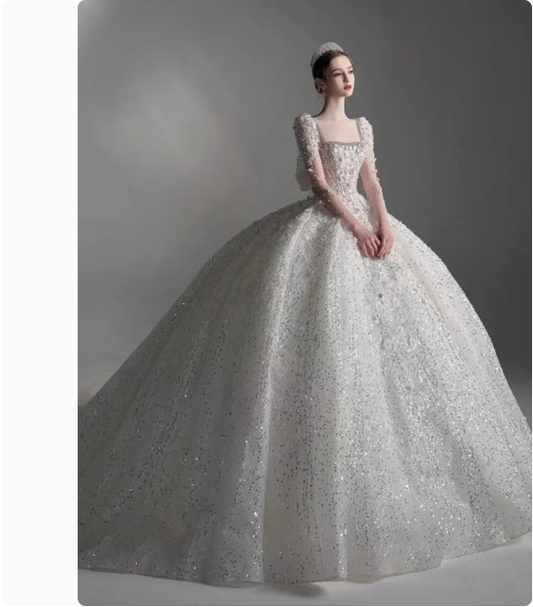 Hübsches Brautkleid Ballkleid Square Neck Lace Long Sleeves Weiße Brautkleider Brautkleider DP1800