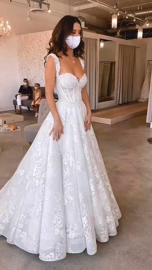 Pretty Wedding Dress Ball Gown Straps Lace White Long Wedding Dresses Bridal Gowns DP1828