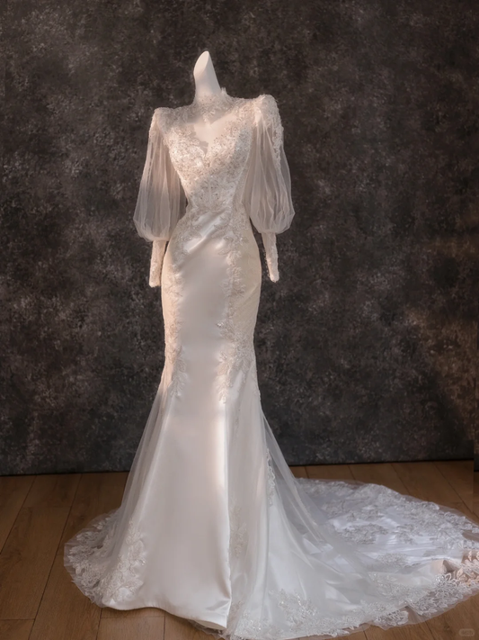 Retro Brautkleid Meerjungfrau Stehkragen Spitze Lange Ärmel Weiß Brautkleider Brautkleider DP1848