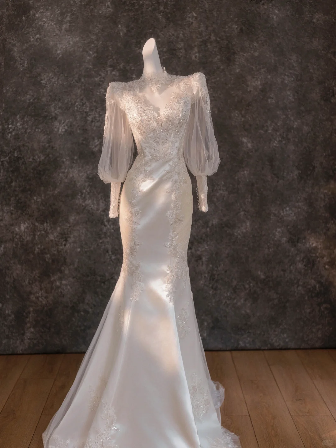 Retro Brautkleid Meerjungfrau Stehkragen Spitze Lange Ärmel Weiß Brautkleider Brautkleider DP1848