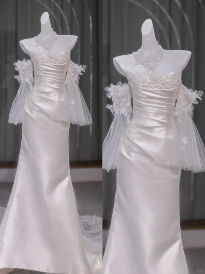 Retro Brautkleid Meerjungfrau trägerlos lang Satin weiß Blumen Brautkleider Brautkleider DP1852