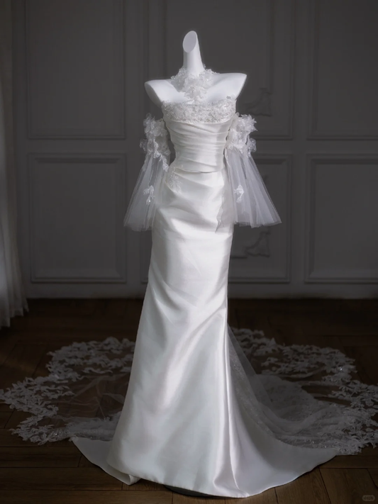 Retro Brautkleid Meerjungfrau trägerlos lang Satin weiß Blumen Brautkleider Brautkleider DP1852