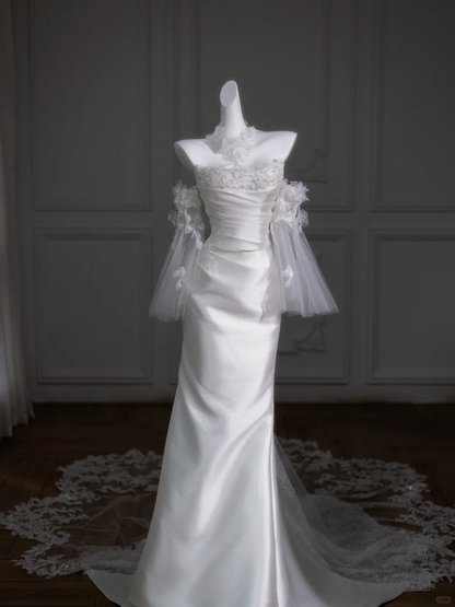 Retro Brautkleid Meerjungfrau trägerlos lang Satin weiß Blumen Brautkleider Brautkleider DP1852