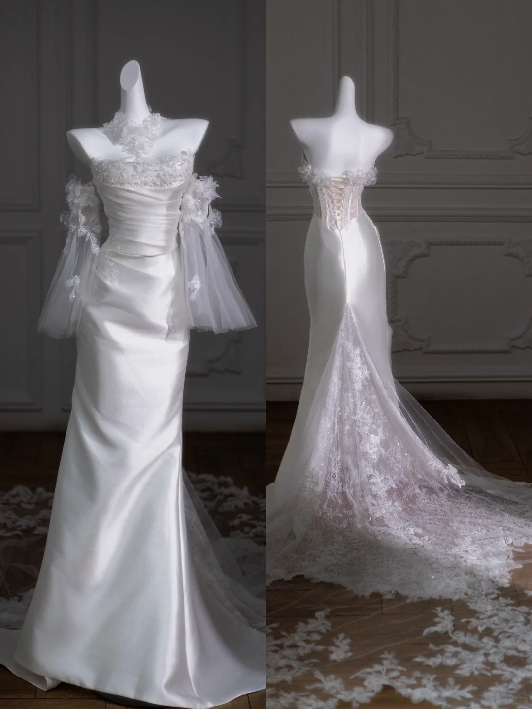 Retro Brautkleid Meerjungfrau trägerlos lang Satin weiß Blumen Brautkleider Brautkleider DP1852
