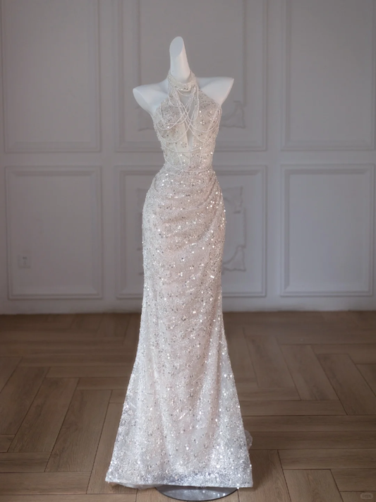 Retro Brautkleid Meerjungfrau Neckholder Pailletten Lange Weiße Brautkleider Brautkleider DP1853