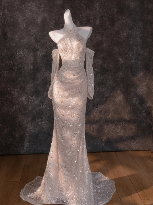 Retro Brautkleid Meerjungfrau High Neck Pailletten Lange Ärmel Weiß Brautkleider Brautkleider DP1862