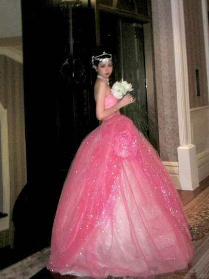Schlichtes Ballkleid, trägerlos, rosa Tüll, langes Ballkleid, Partykleid, Abschlusskleider, Sweet 16-Kleid, DP1864