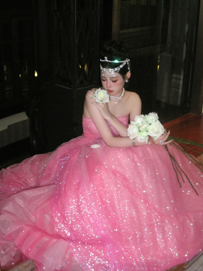 Schlichtes Ballkleid, trägerlos, rosa Tüll, langes Ballkleid, Partykleid, Abschlusskleider, Sweet 16-Kleid, DP1864