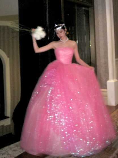 Schlichtes Ballkleid, trägerlos, rosa Tüll, langes Ballkleid, Partykleid, Abschlusskleider, Sweet 16-Kleid, DP1864