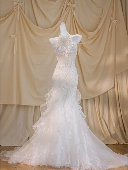Hübsches Brautkleid Meerjungfrau High Neck Weiß Tüll Lange Brautkleider Brautkleider DP1856